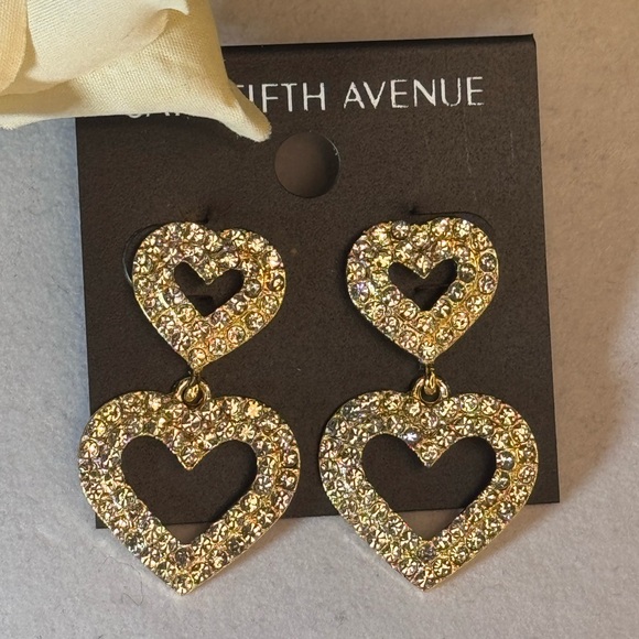 Saks Fifth Avenue Gold Tone Dangling Heart  Red Crystal Post Earrings 1.5in - Picture 1 of 12